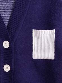 Chico joven Cárdigan con patrón de cheurón de color combinado con parche con bolsillo - azul real - Ver 7