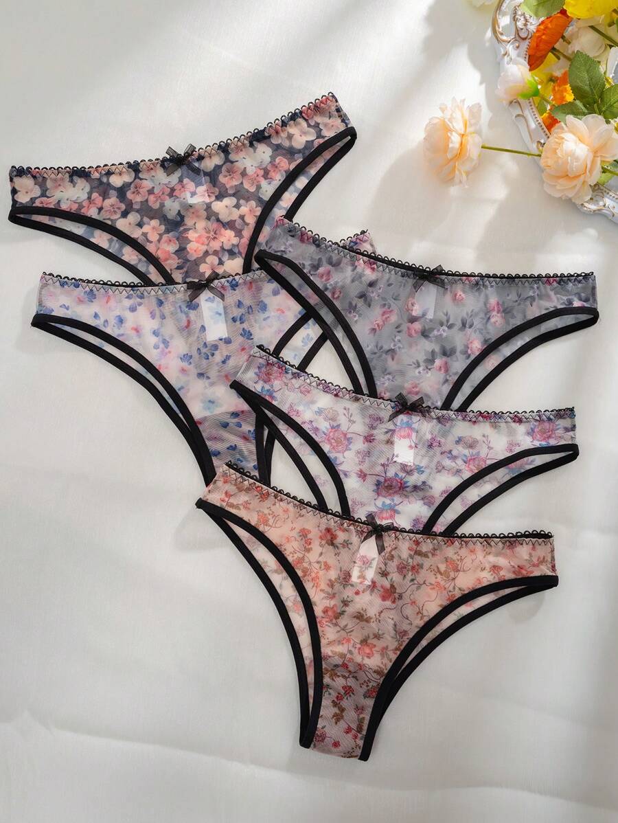 5pack Floral Print Bow Front Contrast Binding Mesh Panty