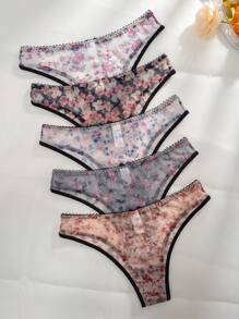5pack Floral Print Bow Front Contrast Binding Mesh Panty