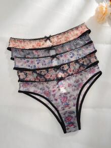 5pack Floral Print Bow Front Contrast Binding Mesh Panty