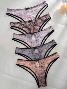 5pack Floral Print Bow Front Contrast Binding Mesh Panty