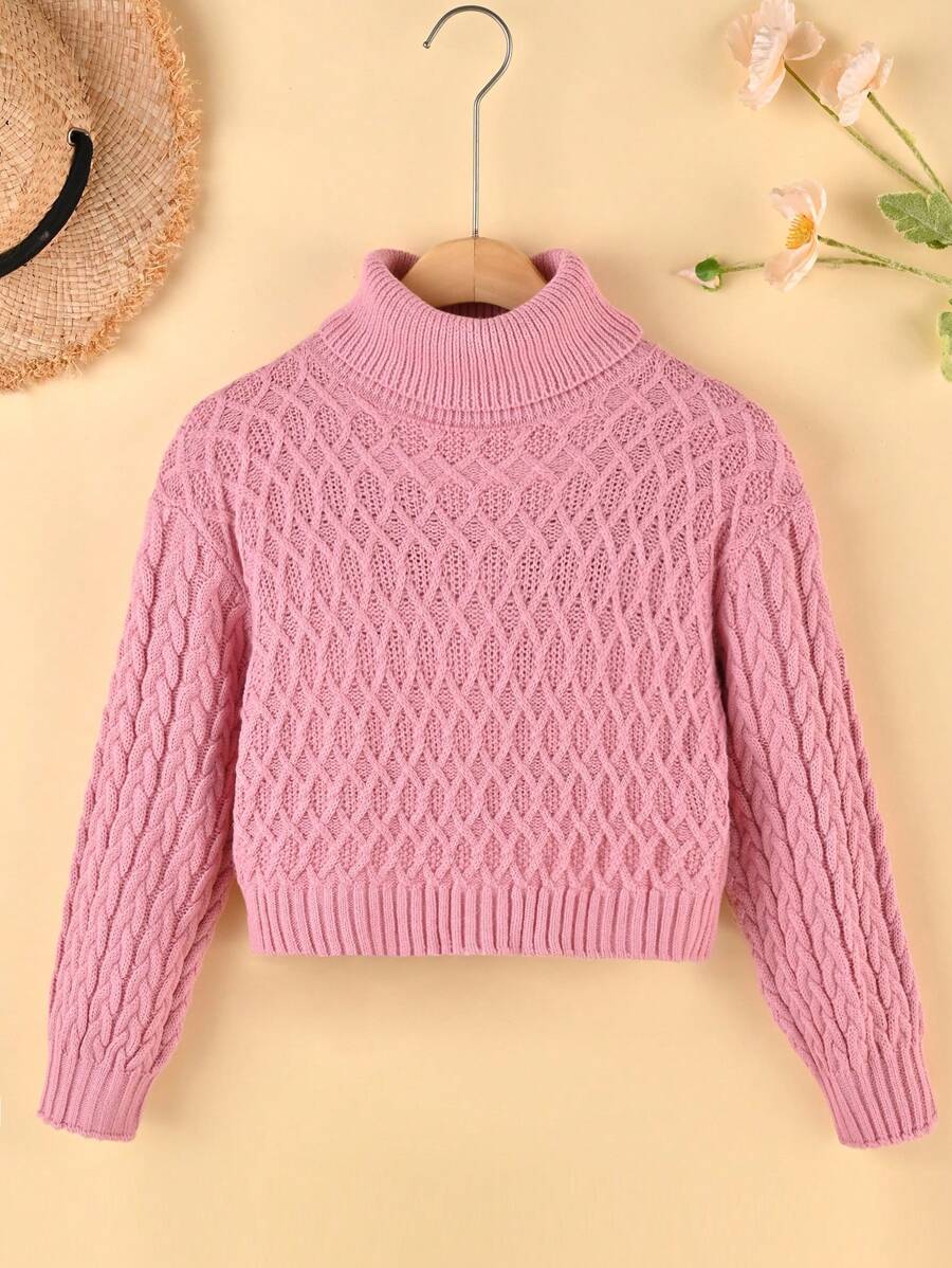 SHEIN Tween Girl Turtleneck Drop Shoulder Sweater - Pink - View 1