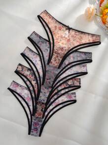 5pack Floral Print Bow Front Contrast Binding Mesh Panty