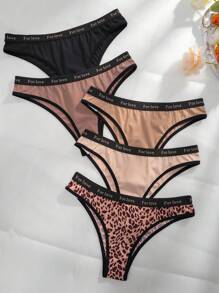 5件豹紋印花腰部字母條帶撞色滾邊內褲 - 彩色 - 查看 1