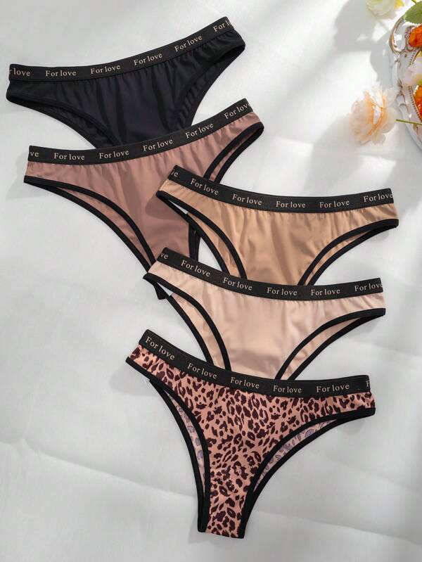 Shein Underwear&Sleepwear Basics 5 piezas Calzoncillos con estampado de leopardo de cintura con cinta con letra unido en contraste