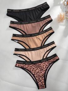 5件豹紋印花腰部字母條帶撞色滾邊內褲 - 彩色 - 查看 5