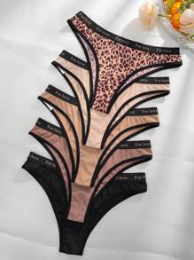 5件豹紋印花腰部字母條帶撞色滾邊內褲 - 彩色 - 查看 6