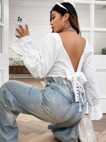 Flirla Hơn Buộc lại Tay áo loe Áo sơ mi - trắng - Xem 1