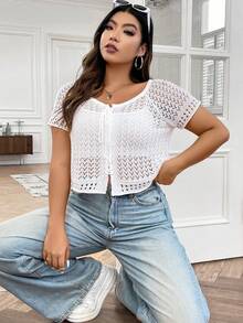 SHEIN Qutie Plus Tie Front Pointelle Knit Top Without Cami Top - White - View 5