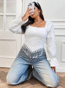 Flirla Hơn Buộc lại Tay áo loe Áo sơ mi - trắng - Xem 9