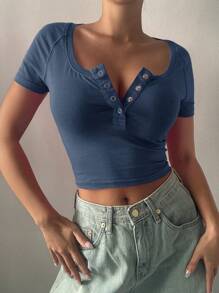 DAZY 半排扣短款T恤 - 藍色 - 查看 1