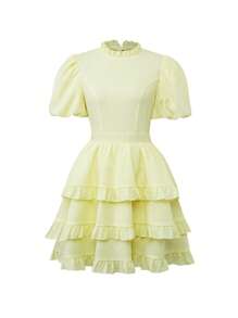 SHEIN Unity Vestido de cuello con fruncido de manga farol bajo con fruncido - Amarillo - Ver 1