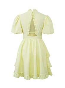 SHEIN Unity Vestido de cuello con fruncido de manga farol bajo con fruncido - Amarillo - Ver 2