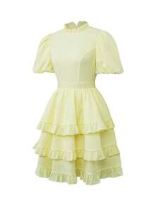 SHEIN Unity Vestido de cuello con fruncido de manga farol bajo con fruncido - Amarillo - Ver 4