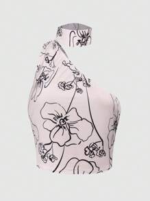 SHEIN Qutie 印花單肩短款上衣 - 米色 - 查看 1