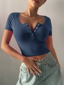 DAZY 半排扣短款T恤 - 藍色 - 查看 5