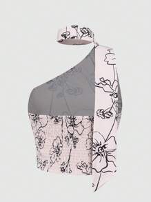 SHEIN Qutie 印花單肩短款上衣 - 米色 - 查看 2