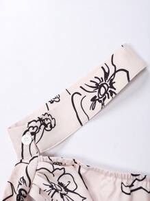 SHEIN Qutie 印花單肩短款上衣 - 米色 - 查看 3