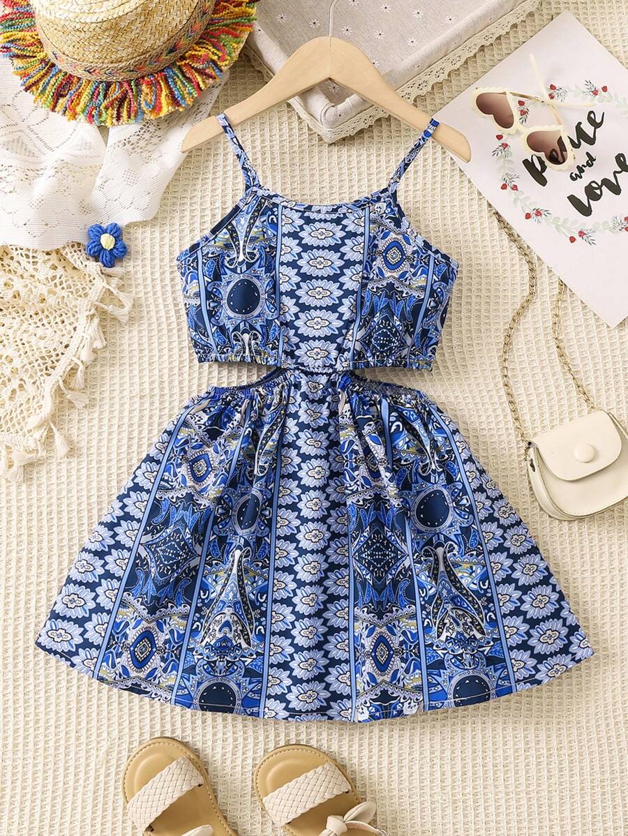 SHEIN 女小童滿版印花腰部鏤空吊帶洋裝 - 藍色 - 查看 1