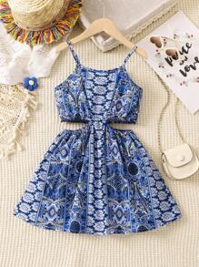 SHEIN 女小童滿版印花腰部鏤空吊帶洋裝 - 藍色 - 查看 2