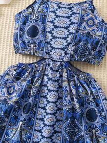 SHEIN 女小童滿版印花腰部鏤空吊帶洋裝 - 藍色 - 查看 3