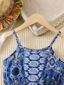 SHEIN 女小童滿版印花腰部鏤空吊帶洋裝 - 藍色 - 查看 4
