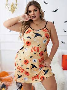 Plus Halloween Print Cami Nightdress - Orange - View 1