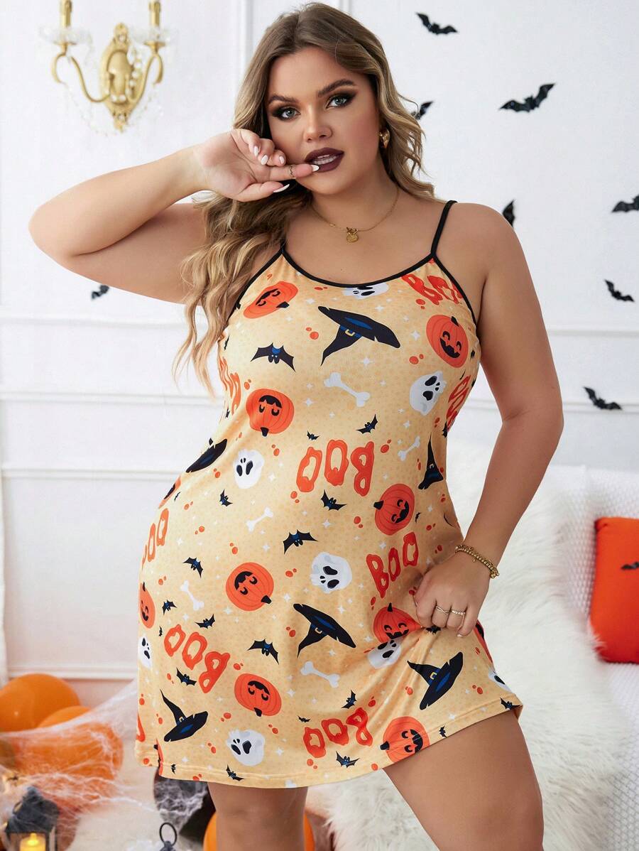 Plus Halloween Print Cami Nightdress - Orange - View 1