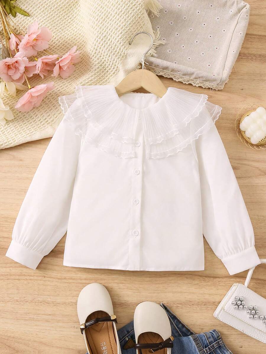 SHEIN Young Girl Contrast Lace Statement Collar Button Front Shirt