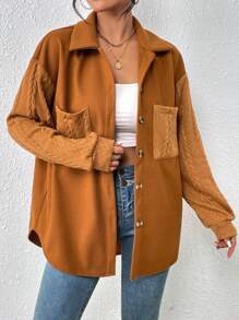 Chiquease Drop Shoulder Pocket Patched Button Front Coat - Brown - View 3