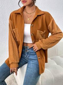 Chiquease Drop Shoulder Pocket Patched Button Front Coat - Brown - View 4