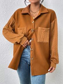 Chiquease Drop Shoulder Pocket Patched Button Front Coat - Brown - View 5