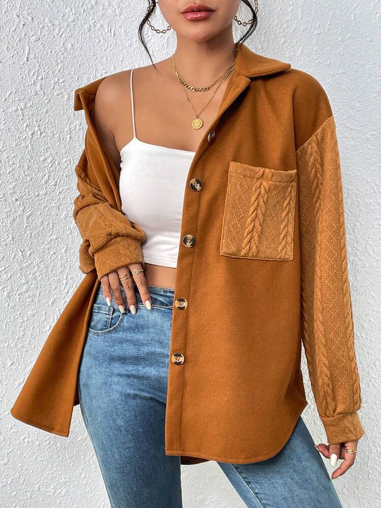 Drop Shoulder Pocket Patched Button Front Coat