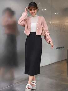 DAZY 落肩袖前紐扣運動衫 - 珊瑚粉 - 查看 5