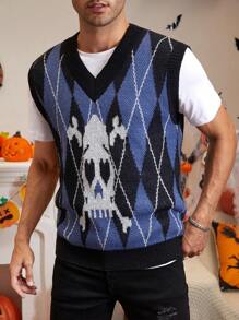 Manfinity EMRG 男士1入組幾何格紋&骷髏圖案毛衣背心 - 彩色 - 查看 1