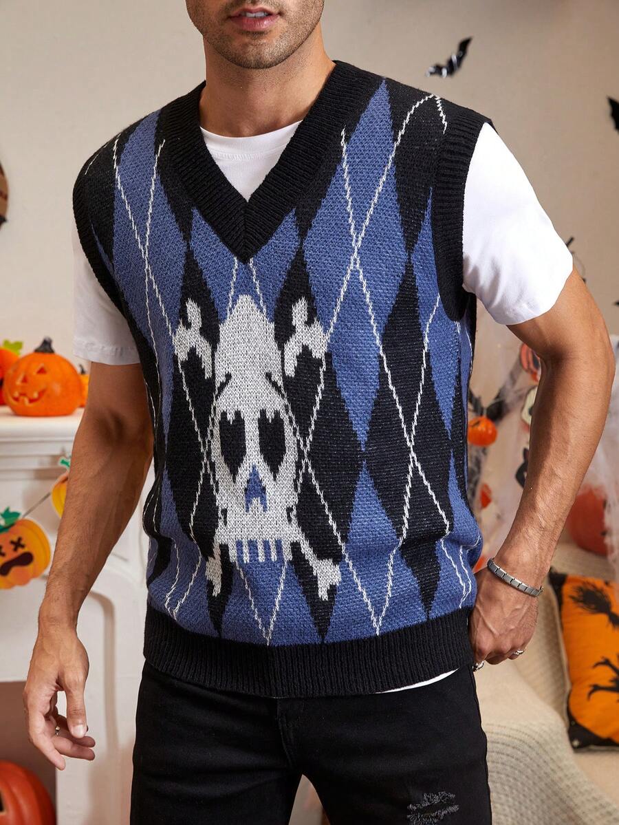 Manfinity EMRG 男士1入組幾何格紋&骷髏圖案毛衣背心 - 彩色 - 查看 1