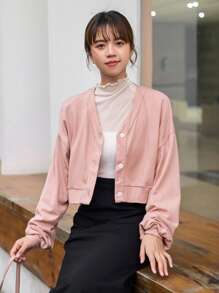 DAZY 落肩袖前紐扣運動衫 - 珊瑚粉 - 查看 7