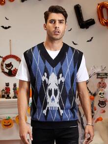 Manfinity EMRG 男士1入組幾何格紋&骷髏圖案毛衣背心 - 彩色 - 查看 3