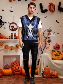 Manfinity EMRG 男士1入組幾何格紋&骷髏圖案毛衣背心 - 彩色 - 查看 4