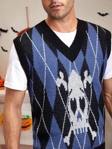 Manfinity EMRG 男士1入組幾何格紋&骷髏圖案毛衣背心 - 彩色 - 查看 5