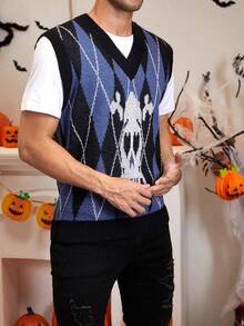 Manfinity EMRG 男士1入組幾何格紋&骷髏圖案毛衣背心 - 彩色 - 查看 6