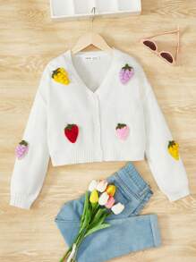 SHEIN 女大童草莓貼花落肩袖開襟衫 - 米色 - 查看 1