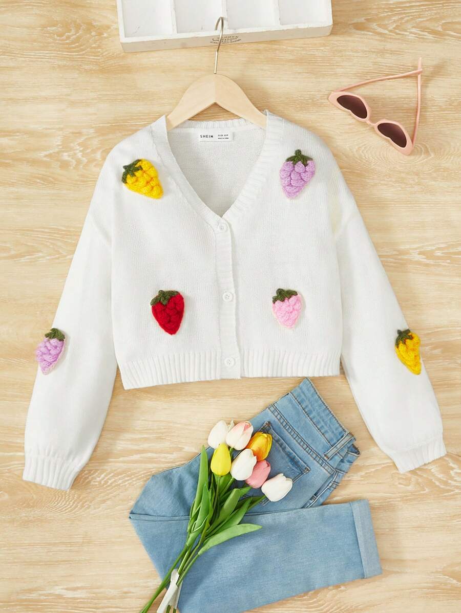 SHEIN 女大童草莓貼花落肩袖開襟衫 - 米色 - 查看 1