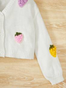 SHEIN 女大童草莓貼花落肩袖開襟衫 - 米色 - 查看 3