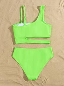 SHEIN Swim Summer Beach Plain Cut-Out Bikini Set - Lime Green - View 2