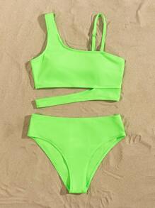 SHEIN Swim Summer Beach Plain Cut-Out Bikini Set - Lime Green - View 3