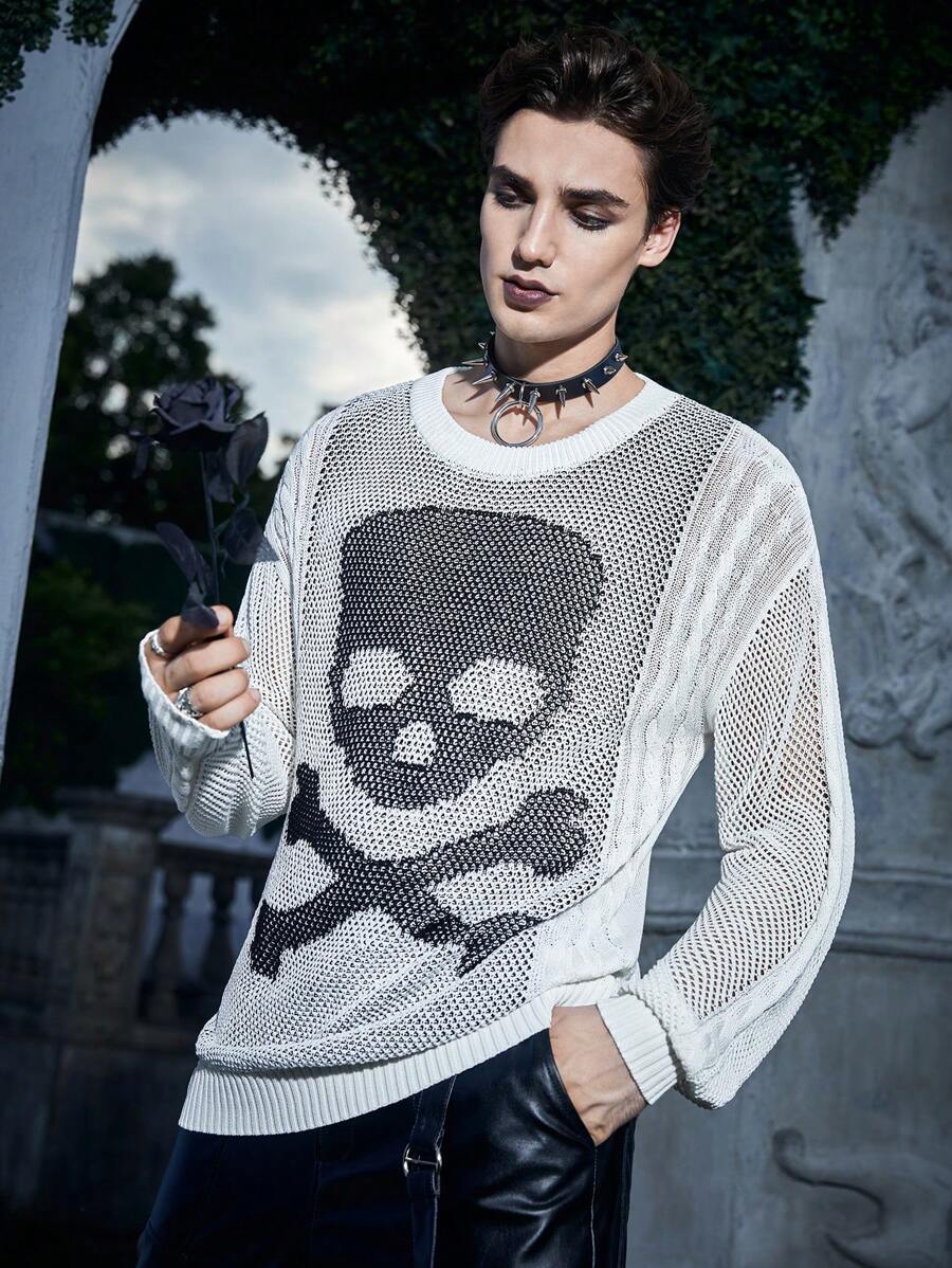 Manfinity EMRG Men Halloween Skull Pattern Pointelle Knit Top - Apricot - View 1