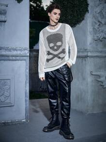 Manfinity EMRG Men Halloween Skull Pattern Pointelle Knit Top - Apricot - View 5