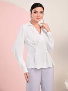 Modelyn Solid Wrap Front Peplum Blouse Women Shirt - White - View 1