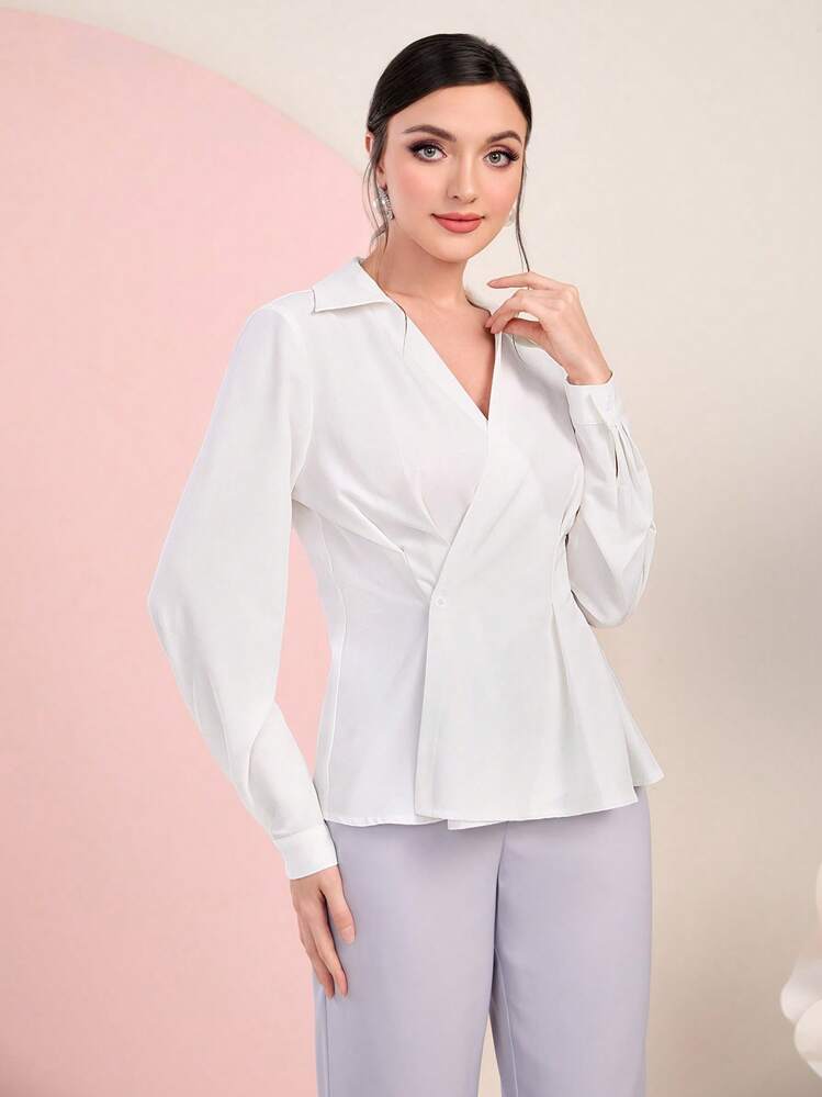 Modelyn Áo sơ mi nữ peplum quấn phía trước trơn - trắng - Xem 1